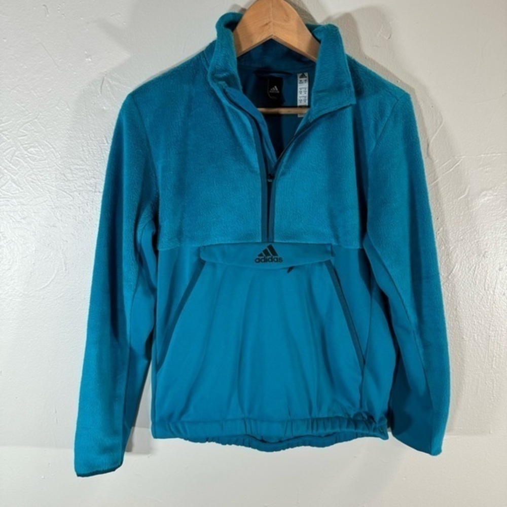 Adidas fleece sweater pull over quarters zip turquoise front pouch pocket medium